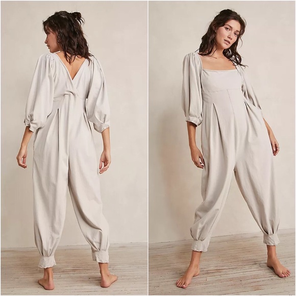 Free People Lotta Love Yellow Baggy Casual Princess Cinched Pleated Jumpsuit - Picture 3 of 10